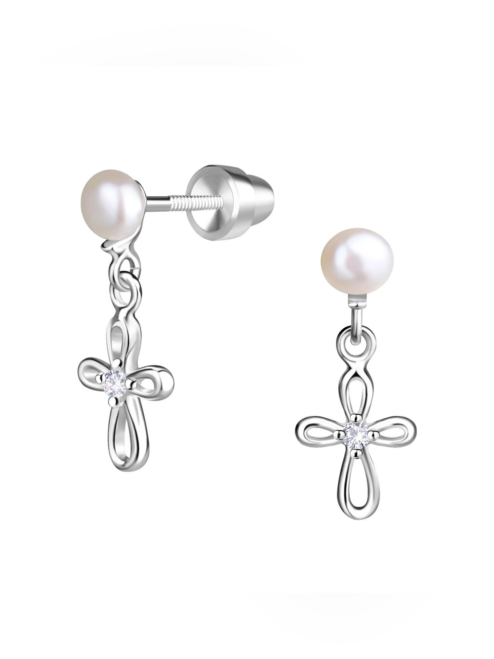NEW! Girls Pearl & CZ Cross Dangle Earrings, Sterling Silver in Giftbox
